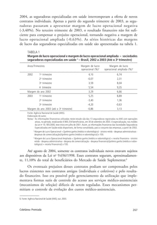267Coletânea Premiada
2004, as seguradoras especializadas em saúde interromperam a oferta de novos
contratos individuais. Apenas a partir do segundo trimestre de 2003, as segu-
radoras passaram a apresentar margem de lucro operacional negativa
(-3,40%). No terceiro trimestre de 2003, o resultado financeiro não foi sufi-
ciente para compensar o prejuízo operacional, tornando negativa a margem de
lucro operacional ampliada (-0,63%). As séries históricas das margens
de lucro das seguradoras especializadas em saúde são apresentadas na tabela 1.
TABELA 1
Margem de lucro operacional e margem de lucro operacional ampliada – sociedades
seguradoras especializadas em saúde 1
– Brasil, 2002 a 2003 (Até o 3o
trimestre)
Anos/Trimestres Margem de lucro Margem de lucro
operacional (%)2
operacional ampliada (%)3
2002 1o
trimestre 4,10 6,74
2o
trimestre -0,07 2,31
3o
trimestre 3,59 8,04
4 trimestre 5,54 9,35
Margem do ano 2002 3,29 6,66
2003 1o
trimestre 5,25 8,89
2o
trimestre -3,40 1,36
3o
trimestre -4,20 -0,63
Margem do ano 2003 (até o 3o
trimestre) -0,86 3,13
Fonte: Agência Nacional de Saúde (ANS).
Elaboração do autor.
Notas:1
As informações financeiras utilizadas neste estudo são das 13 seguradoras registradas na ANS com operações
ativas, no período, totalizando 4.900.254 beneficiários, em 30 de setembro de 2003. A especialização, nos moldes
da Lei no
10.185/2000, teve início em julho de 2001. Assim, as informações financeiras das Sociedades Seguradoras
Especializadas em Saúde estão disponíveis, de forma consolidada, para o conjunto das empresas, a partir de 2002.
2
Margem de Lucro Operacional = [(prêmio ganho (médico e odontológico) - sinistro retido - despesas administrativas -
despesas de comercialização)/(prêmio ganho (médico e odontológico)] x 100.
3
Margem de Lucro Operacional Ampliada = [(prêmio ganho (médico e odontológico) + receita financeira - sinistro
retido - despesa administrativa - despesa de comercialização - despesa financeira)/(prêmio ganho (médico e odon-
tológico) + receita financeira)] x 100.
Até agosto de 2004, somente os contratos individuais novos estavam sujeitos
aos dispositivos da Lei no
9.656/1998. Esses contratos seguram, aproximadamen-
te, 11,10% do total de beneficiários do Mercado de Saúde Suplementar.6
Os eventuais prejuízos desses contratos podiam ser compensados pelos
lucros existentes nos contratos antigos (individuais e coletivos) e pelo resulta-
do financeiro. Isso era possível pelo gerenciamento da utilização que imple-
mentava formas sutis de controle do acesso aos serviços médico-assistenciais
(mecanismos de seleção) difíceis de serem reguladas. Esses mecanismos per-
mitiam o controle da evolução dos custos médico-assistenciais.
6. Fonte: Agência Nacional de Saúde (ANS), out. 2003.
 