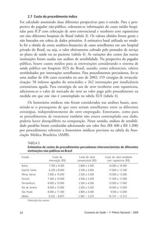 28 Economia da Saúde – 1o
Prêmio Nacional – 2004
2.7 Custo do procedimento índice
Foi calculado assumindo duas diferentes perspectivas para o estudo. Para a pers-
pectiva do pagador não-público, coletaram-se informações do custo médio hospi-
talar para ICP com colocação de stent convencional e recoberto com rapamicina
em oito diferentes hospitais do Brasil (tabela 3). Os valores obtidos foram gerais e
não baseados em coleta de dados primários. A estimativa basal utilizada no mode-
lo foi a obtida da conta analítico-financeira de casos semelhantes em um hospital
privado do Brasil, ou seja, o valor efetivamente cobrado pelo prestador de serviço
ao plano de saúde ou ao paciente (tabela 4). As variações dos custos das outras
instituições foram usadas nas análises de sensibilidade. Na perspectiva do pagador
público, houve custos médios para as intervenções considerando o sistema de
saúde público em hospitais SUS do Brasil, usando, como referenciais, valores
reembolsados por internações semelhantes. Para procedimentos percutâneos, fez-se
uma análise de 436 casos ocorridos no ano de 2002; 159 cirurgias de revascula-
rização; 58 infartos agudos do miocárdio; e 262 internações por insuficiência
coronariana aguda. Para estratégia do uso de stent recoberto com rapamicina,
adicionou-se o valor de mercado do stent ao valor pago pelo procedimento na
medida em que este não é contemplado na tabela SUS (tabela 4).
Os honorários médicos não foram considerados nas análises basais, assu-
mindo-se o pressuposto de que estes seriam semelhantes entre as diferentes
estratégias, independentemente do stent empregado. Entretanto, como para
os procedimentos de reestenose também não estava contemplado esse dado,
poderia haver desequilíbrio na comparação. Nesse sentido, análises de sensibili-
dade paralelas foram conduzidas adicionando um valor fixo (R$ 400 a R$ 1.200)
por procedimento referente a honorários médicos previstos na tabela da Asso-
ciação Médica Brasileira (AMB).
TABELA 3
Estimativa de custos de procedimentos percutâneos intervencionistas de diferentes
instituições não-públicas no Brasil
Estado Custo da Custo do stent Custo do stent recoberto
internação (R$) convencional (R$) com rapamicina (R$)
Bahia 7.500 a 9.500 2.800 a 3.500 14.000 a 16.000
Espírito Santo 6.200 a 8.000 2.500 a 3.600 11.000 a 12.500
Minas Gerais 7.000 a 10.000 2.500 a 3.500 10.000 a 13.000
Paraná 7.500 a 10.000 2.500 a 3.200 11.500 a 13.000
Pernambuco 8.000 a 10.000 2.500 a 4.500 15.000 a 17.000
Rio de Janeiro 8.000 a 12.000 2.500 a 3.500 10.000 a 15.000
São Paulo 8.000 a 11.500 2.800 a 4.000 9.500 a 12.000
Média 6.525 – 8.875 2.585 – 3.225 10.125 – 12.312
Elaboração dos autores.
 