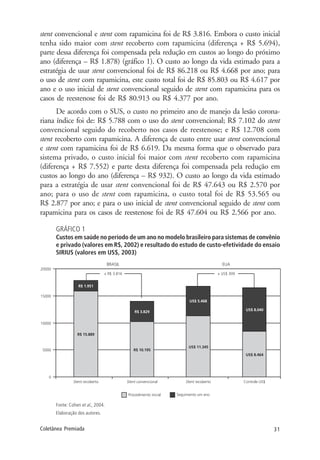 31Coletânea Premiada
stent convencional e stent com rapamicina foi de R$ 3.816. Embora o custo inicial
tenha sido maior com stent recoberto com rapamicina (diferença + R$ 5.694),
parte dessa diferença foi compensada pela redução em custos ao longo do próximo
ano (diferença – R$ 1.878) (gráfico 1). O custo ao longo da vida estimado para a
estratégia de usar stent convencional foi de R$ 86.218 ou R$ 4.668 por ano; para
o uso de stent com rapamicina, este custo total foi de R$ 85.803 ou R$ 4.617 por
ano e o uso inicial de stent convencional seguido de stent com rapamicina para os
casos de reestenose foi de R$ 80.913 ou R$ 4.377 por ano.
De acordo com o SUS, o custo no primeiro ano de manejo da lesão corona-
riana índice foi de: R$ 5.788 com o uso do stent convencional; R$ 7.102 do stent
convencional seguido do recoberto nos casos de reestenose; e R$ 12.708 com
stent recoberto com rapamicina. A diferença de custo entre usar stent convencional
e stent com rapamicina foi de R$ 6.619. Da mesma forma que o observado para
sistema privado, o custo inicial foi maior com stent recoberto com rapamicina
(diferença + R$ 7.552) e parte desta diferença foi compensada pela redução em
custos ao longo do ano (diferença – R$ 932). O custo ao longo da vida estimado
para a estratégia de usar stent convencional foi de R$ 47.643 ou R$ 2.570 por
ano; para o uso de stent com rapamicina, o custo total foi de R$ 53.565 ou
R$ 2.877 por ano; e para o uso inicial de stent convencional seguido de stent com
rapamicina para os casos de reestenose foi de R$ 47.604 ou R$ 2.566 por ano.
GRÁFICO 1
Custos em saúde no período de um ano no modelo brasileiro para sistemas de convênio
e privado (valores em R$, 2002) e resultado do estudo de custo-efetividade do ensaio
SIRIUS (valores em US$, 2003)
Fonte: Cohen et al., 2004.
Elaboração dos autores.
 