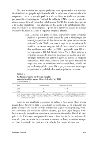 315Coletânea Premiada
No caso brasileiro, tais agentes poderiam estar representados por uma ins-
tância oriunda da própria Agência ou do MS. Se quisermos adotar um via mais
corporativa, essa representação poderia se dar mediante os sindicatos patronais,
por exemplo a Confederação Nacional da Indústria (CNI), e pelas centrais sin-
dicais, como a Central Única dos Trabalhadores (CUT). Em relação às pequenas
e às médias operadoras – cuja clientela em boa parte é de trabalhadores infor-
mais ou oriundos de microempresas – poder-se-ia pensar na atuação no Serviço
Brasileiro de Apoio às Micro e Pequenas Empresas (Sebrae).
c.2) Constituir um plano de saúde cogestionario entre servidores
públicos e governo federal, contando com a participação das
instituições públicas. O benchmark estaria, agora, encarnado no
próprio Estado. Tendo em vista a larga escala do número de
usuários e o volume do gasto federal com a assistência médica
dos servidores, cujo valor em 2002 – projetado para 2004 –
correspondeu a R$ 1,2 bilhão (tabela 9), o plano estaria, a
princípio, dotado de uma boa capacidade de gestão, cuja cen-
tralização permitiria um corte nos gastos de custeio da máquina
burocrática. Além disso, contaria com um poder razoável de
negociação com os prestadores médico-hospitalares, usando seu
poder de oligopsônio para calibrar preços, mas sem ajustes que
prejudiquem a qualidade dos serviços privados prestados.
TABELA 9
Gasto social federal por área de atuação:
assistência médica aos servidores federais, 2001-2002
(Em milhões de R$)
Anos Valor corrente Valorjunho de 20041
2001 752 1.146
2002 914 1.227
Fonte: Sistema Integrado de Administração Financeira do Governo Federal (Siafi)/Sistema Integrado de Dados Orçamentários (Sidor).
Nota: 1
Deflator: Índice Geral de Preços/Disponibilidade Interna (IGP-DI)/Fundação Getúlio Vargas (FGV), Instituto Brasi-
leiro de Economia (Ibre).
Além da sua aderência às políticas de saúde, o êxito desse plano criaria
precondições favoráveis para se conjeturar a possibilidade de se arquitetar um
plano de saúde do Estado, de viés bismarkiano (seguro social público), volta-
do à cobertura dos servidores públicos federais, que teria dupla função: forta-
lecer o modelo beverediano e mediar o crescimento do modelo liberal. O pró-
prio Alain Enthoven, comprometido com a introdução de mecanismos de
mercado para incentivar os prestadores a alcançar melhores resultados no que
se refere à satisfação dos pacientes e à redução dos custos, afirmou que
 