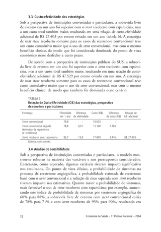 32 Economia da Saúde – 1o
Prêmio Nacional – 2004
3.3 Custo-efetividade das estratégias
Sob a perspectiva de instituições conveniadas e particulares, a sobrevida livre
de eventos em um ano foi superior com o stent recoberto com rapamicina, mas
a um custo total também maior, resultando em uma relação de custo-efetividade
adicional de R$ 27.403 por evento evitado em um ano (tabela 6). A estratégia
de usar stent recoberto somente para os casos de reestenose convencional teve
um custo cumulativo maior que o uso de stent convencional, mas com o mesmo
benefício clínico, de modo que foi considerada dominada do ponto de vista
econômico nesse desfecho a curto prazo.
De acordo com a perspectiva de instituições públicas do SUS, a sobrevi-
da livre de eventos em um ano foi superior com o stent recoberto com rapami-
cina, mas a um custo total também maior, resultando em uma relação de custo-
efetividade adicional de R$ 47.529 por evento evitado em um ano. A estratégia
de usar stent recoberto somente para os casos de reestenose convencional teve
custo cumulativo maior que o uso de stent convencional, mas com o mesmo
benefício clínico, de modo que também foi dominada nesse cenário.
TABELA 6
Relação de Custo-Efetividade (C/E) das estratégias, perspectiva
de convênio e particulares
Estratégia Efetividade Diferença Custo (R$) Diferença Relação de
em 1 ano de efetividade de custo (R$) C/E adicional
Stent convencional 78,8 - 14.024 -
Stent convencional seguido 78,8 0,01 15.128 1.104
dominada de rapamicina
se reestenose
Stent recoberto com rapamicina 92,7 13,8 17.840 3.816 R$ 27.403
Elaboração dos autores.
3.4 Análise de sensibilidade
Sob a perspectiva de instituições conveniadas e particulares, o modelo mos-
trou-se robusto na maioria das variáveis e nos pressupostos considerados.
Entretanto, como esperado, algumas variáveis tiveram impacto significativo
nos resultados. Do ponto de vista clínico, a probabilidade de sintomas na
presença de reestenose angiográfica, a probabilidade estimada de reestenose
basal com o stent convencional e a redução de risco esperada com stent recoberto
tiveram impacto nas estimativas. Quanto maior a probabilidade de sintomas,
mais favorável o uso de stent recoberto com rapamicina; por exemplo, aumen-
tando este índice de probabilidade de sintomas por reestenose angiográfica de
60% para 88%, a sobrevida livre de eventos com stent convencional cairia
de 78% para 71% e com stent recoberto de 93% para 90%, resultando em
 