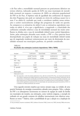 99Coletânea Premiada
e do Pacs sobre a mortalidade neonatal parecem ser praticamente idênticos em
termos relativos, indicando quedas de 0,8% nas taxas municipais de mortali-
dade neonatal em resposta a aumentos de 100% na cobertura populacional
do PSF ou do Pacs. A hipótese nula de igualdade dos coeficientes de impacto
dos dois Programas não pode ser rejeitada em níveis de confiança usuais (ver o
teste F na tabela 6), resultado que tende a corroborar também nessas estima-
ções o caráter essencialmente análogo dos programas de saúde em questão.
Ao comparar-se as estimativas da tabela 6 com as estimativas equivalentes mos-
tradas na tabela 4, vê-se que a significância, a magnitude e a elasticidade dos
coeficientes estimados relativos à taxa de mortalidade neonatal são muito seme-
lhantes às obtidas com a taxa de mortalidade infantil como variável dependente.
Assim, pelas estimações efetuadas neste estudo, o PSF e o Pacs parecem haver
desempenhado seus papéis de redução nas taxas de mortalidade infantil (ainda
que de magnitudes modestas) eminentemente por meio da diminuição da mor-
talidade neonatal nos municípios paulistas, no período considerado.
TABELA 6
Resultados das estimações (variáveis dependentes: TMN e TMPN)
TMN TMPN
Variável Coeficiente Elasticidade Coeficiente Elasticidade
PSF -0,039**(0,019) -0,008 -0,001(0,013) -0,001
Pacs -0,076**(0,032) -0,008 -0,032(0,021) -0,007
PSF = Pacs
Estatística F 1,01 1,61
Prob > F 0,317 0,206
R2
ajustado 0,644 0,559
F 6,83** 5,09**
Observações 391 391
Elaboração do autor.
Obs.: Nas regressões, o vetor de variáveis explicativas inclui, além das variáveis PSF e Pacs, um conjunto de dummies de
ano e todos os regressores do modelo original; por razões de espaço, as estimativas dos demais coeficientes não são
apresentadas. As estimações são efetuadas com efeitos fixos municipais e por mínimos quadrados ponderados, com
pesos proporcionais ao número de habitantes do município. Erro-padrão encontra-se entre parênteses. O símbolo **
indica nível de significância estatística de 5%. As elasticidades são reportadas pelo pacote econométrico STATA 7.0
e avaliadas nas médias ponderadas das variáveis.
Uma segunda extensão empírica que merece atenção surge, na verdade, de uma
possível limitação da estratégia econométrica adotada nesta pesquisa. Nela, a adoção
do PSF e os subseqüentes incrementos no número de equipes de saúde da família
nos municípios são tratados, nas estimações, como variáveis exógenas, a exemplo do
realizado em um grande conjunto de trabalhos internacionais com objetivos seme-
lhantes ao nosso.25
Todavia, existe a possibilidade de que a adoção ou a ampliação do
25.Ver, por exemplo, Grossman e Jacobowitz (1981), Goldman e Grossman (1982), Corman et al.(1987), Hanratty (1996), entre outros.
 