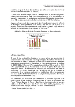 PLAN DE DESARROLLO DEPARTAMENTAL 2008-2011
                                                  Horacio Serpa Uribe – Gobernador de Santander




                                           .
                                       5,3 Kbpd antes de iniciar el proyecto a
8,3 Kbpd en diciembre de 2006, con un incremento del 57%. Se perforaron 30
pozos (14 inyectores y 16 productores), se hicieron 300 trab
                                                         $88,6 millones.

A pesar del incremento


                                                        .16
                                                              . Barrancabermeja




a. Biocombustibles.

El auge de los combustibles limpios en el mundo

sus productos                                   , generando valor agregado
a su cadena agroi
de ECODIESEL Colombia S.A., sociedad constituida el 19 de abril de 2007
entre ECOPETROL S.A. y 7 extractoras de aceite de palma de la zona del
Magdalena Medio. (Al momento de redactar este documento del Plan de
Desarrollo ECODIESEL Colombia S.A. se encontraba en el proceso de
construcción de l                                  de 100 mil toneladas por
año en la ciudad de Barrancabermeja, en un predio de propiedad del CIB, la
cual fue puesta en servicio en 2009).


extr

                                                                   , Aguachica, San
Alberto, San Rafael, Papayal, Paili                                   .
16
     Fuente: Informe 2006 ECOPETROL S.A.
 