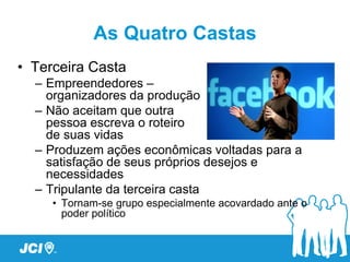 As Quatro Castas
• Terceira Casta
  – Empreendedores –
    organizadores da produção
  – Não aceitam que outra
    pessoa escreva o roteiro
    de suas vidas
  – Produzem ações econômicas voltadas para a
    satisfação de seus próprios desejos e
    necessidades
  – Tripulante da terceira casta
     • Tornam-se grupo especialmente acovardado ante o
       poder político
 
