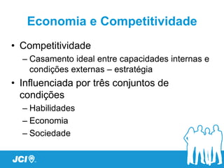 Economia e Competitividade
• Competitividade
  – Casamento ideal entre capacidades internas e
    condições externas – estratégia
• Influenciada por três conjuntos de
  condições
  – Habilidades
  – Economia
  – Sociedade
 