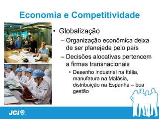Economia e Competitividade
       • Globalização
         – Organização econômica deixa
           de ser planejada pelo país
         – Decisões alocativas pertencem
           a firmas transnacionais
           • Desenho industrial na Itália,
             manufatura na Malásia,
             distribuição na Espanha – boa
             gestão
 