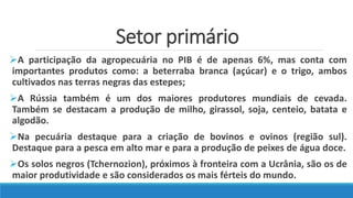 Setor primário
A participação da agropecuária no PIB é de apenas 6%, mas conta com
importantes produtos como: a beterraba branca (açúcar) e o trigo, ambos
cultivados nas terras negras das estepes;
A Rússia também é um dos maiores produtores mundiais de cevada.
Também se destacam a produção de milho, girassol, soja, centeio, batata e
algodão.
Na pecuária destaque para a criação de bovinos e ovinos (região sul).
Destaque para a pesca em alto mar e para a produção de peixes de água doce.
Os solos negros (Tchernozion), próximos à fronteira com a Ucrânia, são os de
maior produtividade e são considerados os mais férteis do mundo.
 