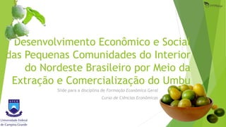 Slide para a disciplina de Formação Econômica Geral
Curso de Ciências Econômicas
Desenvolvimento Econômico e Social
das Pequenas Comunidades do Interior
do Nordeste Brasileiro por Meio da
Extração e Comercialização do Umbu
 