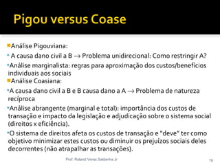 Análise Pigouviana:
 A causa dano civil a B → Problema unidirecional: Como restringir A?
Análise marginalista: regras para aproximação dos custos/benefícios
individuais aos sociais
Análise Coasiana:
A causa dano civil a B e B causa dano a A → Problema de natureza
recíproca
Análise abrangente (marginal e total): importância dos custos de
transação e impacto da legislação e adjudicação sobre o sistema social
(direitos x eficiência).
O sistema de direitos afeta os custos de transação e “deve” ter como
objetivo minimizar estes custos ou diminuir os prejuízos sociais deles
decorrentes (não atrapalhar as transações).
Prof. Roland Veras Saldanha Jr 19
 