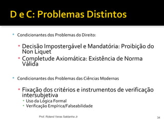  Condicionantes dos Problemas do Direito:
▪ Decisão Impostergável e Mandatória: Proibição do
Non Liquet
▪ Completude Axiomática: Existência de Norma
Válida
 Condicionantes dos Problemas das Ciências Modernas
▪ Fixação dos critérios e instrumentos de verificação
intersubjetiva
▪ Uso da Lógica Formal
▪ Verificação Empírica/Falseabilidade
34Prof. Roland Veras Saldanha Jr
 