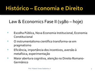 Law & Economics Fase II (1980 – hoje)
 Escolha Pública, Nova Economia Institucional, Economia
Constitucional
 O instrumentalismo científico transforma-se em
pragmatismo
 Eficiência, importância dos incentivos, aversão à
metafísica, experimentação
 Maior abertura cognitiva, atenção no Direito Romano-
Germânico
Prof. Roland Veras Saldanha Jr 7
 
