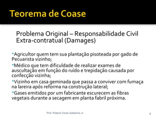 Problema Original – Responsabilidade Civil
Extra-contratual (Damages)
Agricultor quem tem sua plantação pisoteada por gado de
Pecuarista vizinho;
Médico que tem dificuldade de realizar exames de
auscultação em função do ruído e trepidação causada por
confecção vizinha;
Vizinho em casa geminada que passa a conviver com fumaça
na lareira após reforma na construção lateral;
Gases emitidos por um fabricante escurecem as fibras
vegetais durante a secagem em planta fabril próxima.
Prof. Roland Veras Saldanha Jr 8
 