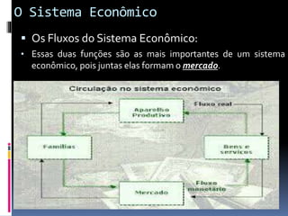 O Sistema Econômico
 Os Fluxos do Sistema Econômico:
• Essas duas funções são as mais importantes de um sistema
econômico, pois juntas elas formam o mercado.
 