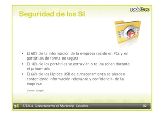 Seguridad de los SI




  El 60% de la información de la empresa reside en PCs y en
   portátiles de forma no segura
  El 10% de los portátiles se extravían o te los roban durante
   el primer año
  El 66% de los lápices USB de almacenamiento se pierden
   conteniendo información relevante y confidencial de la
   empresa
    Fuente: Google




 5/12/11  Departamento de Marke2ng ‐ Socialtec                    32 
 