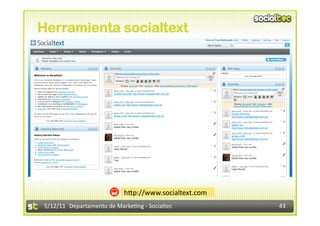 Herramienta socialtext




                            hdp://www.socialtext.com 
5/12/11  Departamento de Marke2ng ‐ Socialtec           43 
 