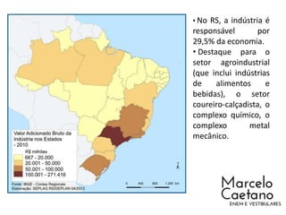 • No RS, a indústria é
responsável por
29,5% da economia.
• Destaque para o
setor agroindustrial
(que inclui indústrias
de alimentos e
bebidas), o setor
coureiro-calçadista, o
complexo químico, o
complexo metal
mecânico.
 