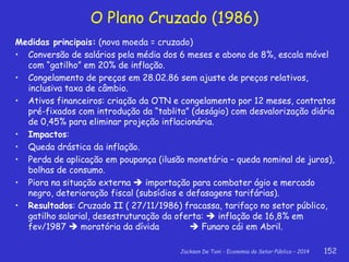 Jackson De Toni - Economia do Setor Público – 2014 152
O Plano Cruzado (1986)
Medidas principais: (nova moeda = cruzado)
• Conversão de salários pela média dos 6 meses e abono de 8%, escala móvel
com “gatilho” em 20% de inflação.
• Congelamento de preços em 28.02.86 sem ajuste de preços relativos,
inclusiva taxa de câmbio.
• Ativos financeiros: criação da OTN e congelamento por 12 meses, contratos
pré-fixados com introdução da “tablita” (deságio) com desvalorização diária
de 0,45% para eliminar projeção inflacionária.
• Impactos:
• Queda drástica da inflação.
• Perda de aplicação em poupança (ilusão monetária – queda nominal de juros),
bolhas de consumo.
• Piora na situação externa  importação para combater ágio e mercado
negro, deterioração fiscal (subsídios e defasagens tarifárias).
• Resultados: Cruzado II ( 27/11/1986) fracassa, tarifaço no setor público,
gatilho salarial, desestruturação da oferta:  inflação de 16,8% em
fev/1987  moratória da dívida  Funaro cái em Abril.
 