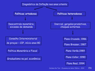 Jackson De Toni - Economia do Setor Público – 2014 156
Políticas ortodoxas
Descontrole monetário,
excesso de demanda
Plano Real, 1994
Plano Collor, 1990
Plano Cruzado, 1986
Políticas heterodoxas
Política Monetária e Fiscal
Conselho Interministerial
de preços – CIP, início anos 80
Plano Verão,1989
Plano Bresser, 1987
Inercial, gargalos produtivos,
choques externos.
Gradualismo na pol. econômica
Diagnóstico da Inflação nos anos oitenta
 