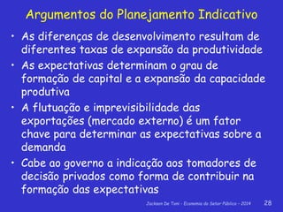 Jackson De Toni - Economia do Setor Público – 2014 28
• As diferenças de desenvolvimento resultam de
diferentes taxas de expansão da produtividade
• As expectativas determinam o grau de
formação de capital e a expansão da capacidade
produtiva
• A flutuação e imprevisibilidade das
exportações (mercado externo) é um fator
chave para determinar as expectativas sobre a
demanda
• Cabe ao governo a indicação aos tomadores de
decisão privados como forma de contribuir na
formação das expectativas
Argumentos do Planejamento Indicativo
 