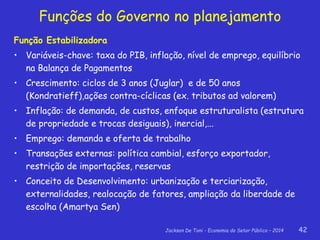 Jackson De Toni - Economia do Setor Público – 2014 42
Função Estabilizadora
• Variáveis-chave: taxa do PIB, inflação, nível de emprego, equilíbrio
na Balança de Pagamentos
• Crescimento: ciclos de 3 anos (Juglar) e de 50 anos
(Kondratieff),ações contra-cíclicas (ex. tributos ad valorem)
• Inflação: de demanda, de custos, enfoque estruturalista (estrutura
de propriedade e trocas desiguais), inercial,...
• Emprego: demanda e oferta de trabalho
• Transações externas: política cambial, esforço exportador,
restrição de importações, reservas
• Conceito de Desenvolvimento: urbanização e terciarização,
externalidades, realocação de fatores, ampliação da liberdade de
escolha (Amartya Sen)
Funções do Governo no planejamento
 