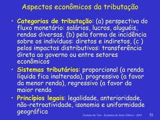 Jackson De Toni - Economia do Setor Público – 2014 51
Aspectos econômicos da tributação
• Categorias de tributação: (a) perspectiva do
fluxo monetário: salários, lucros, aluguéis,
rendas diversas, (b) pela forma de incidência
sobre os indivíduos: diretos e indiretos, (c )
pelos impactos distributivos: transferência
direta ao governo ou entre setores
econômicos
• Sistemas tributários: proporcional (a renda
líquida fica inalterada), progressivo (a favor
da menor renda), regressivo (a favor da
maior renda
• Princípios legais: legalidade, anterioridade,
não-retroatividade, isonomia e uniformidade
geográfica
 