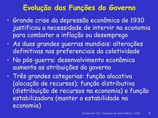 Jackson De Toni - Economia do Setor Público – 2014 6
Evolução das Funções do Governo
• Grande crise da depressão econômica de 1930
justificou a necessidade de intervir na economia
para combater a inflação ou desemprego
• As duas grandes guerras mundiais: alterações
definitivas nas preferenciais da coletividade
• No pós-guerra: desenvolvimento econômico
aumenta as atribuições do governo
• Três grandes categorias: função alocativa
(alocação de recursos); função distributiva
(distribuição de recursos na economia) e função
estabilizadora (manter a estabilidade na
economia)
 