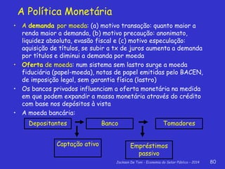 Jackson De Toni - Economia do Setor Público – 2014 80
A Política Monetária
• A demanda por moeda: (a) motivo transação: quanto maior a
renda maior a demanda, (b) motivo precaução: anonimato,
liquidez absoluta, evasão fiscal e (c) motivo especulação:
aquisição de títulos, se subir a tx de juros aumenta a demanda
por títulos e diminui a demanda por moeda
• Oferta de moeda: num sistema sem lastro surge a moeda
fiduciária (papel-moeda), notas de papel emitidas pelo BACEN,
de imposição legal, sem garantia física (lastro)
• Os bancos privados influenciam a oferta monetária na medida
em que podem expandir a massa monetária através do crédito
com base nos depósitos à vista
• A moeda bancária:
Depositantes Banco Tomadores
Captação ativo Empréstimos
passivo
 