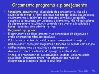 Jackson De Toni - Economia do Setor Público – 2014 99
Orçamento programa e planejamento
• Paradigma convencional: dissociado do planejamento, visa só a
aquisição de meios, é feito com base nas necessidades das unidades
governamentais, dá ênfase aos aspectos contáveis da gestão,
classifica as despesas por unidades e elementos, não há indicadores
de desempenho e resultado, o controle visa avaliar a legalidade e
honestidade dos atos administrativos
• Orçamento-programa:
• É instrumento de planejamento, visa consecução de objetivos e
avalia alternativas técnicas possíveis
• Valoriza os aspectos de gestão e monitoramento dos projetos
• Utiliza classificação por programas e funções de acordo com o Plano
• Utiliza indicadores de resultado e desempenho
• Avalia a eficiência e eficácia dos projetos e atividades
• Princípios orçamentários: exclusividade, unidade, universalidade,
anualidade, orçamento bruto, não-afetação das receitas,
discriminação e especialização e equilíbrio
 