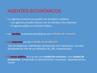 AGENTES ECONÓMICOS
• Los agentes económicos pueden ser privados o públicos .
• Los agentes privados básicos son las familias y las empresas
• El agente público es el Sector Público
• Las familiasfamilias economías domésticas son unidades de consumounidades de consumo.
• Las empresasempresas son las unidades de producciónunidades de producción
Tipo de empresas: Individuales (pertenecen aun individuo) o Sociales
(propiedad de más de un individuo: SA, SRL, cooperativas).
• El sector públicosector público es a su vez una unidad de consumo y una unidad de
producción. Comprende la administración: municipal, departamental y
nación
 