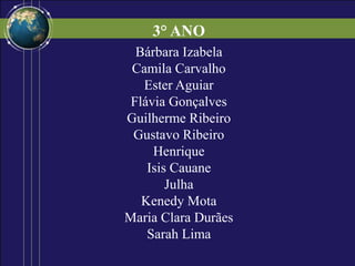 Bárbara Izabela
Camila Carvalho
Ester Aguiar
Flávia Gonçalves
Guilherme Ribeiro
Gustavo Ribeiro
Henrique
Isis Cauane
Julha
Kenedy Mota
Maria Clara Durães
Sarah Lima
3° ANO
 