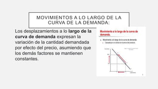 MOVIMIENTOS A LO LARGO DE LA
CURVA DE LA DEMANDA:
Los desplazamientos a lo largo de la
curva de demanda expresan la
variación de la cantidad demandada
por efecto del precio, asumiendo que
los demás factores se mantienen
constantes.
 