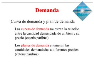 Slide 1-‹#›
Copyright © 2000 Addison Wesley Longman, Inc.
Demanda
Curva de demanda y plan de demanda
Las curvas de demanda muestran la relación
entre la cantidad demandada de un bien y su
precio (ceteris paribus).
Los planes de demanda enumeran las
cantidades demandadas a diferentes precios
(ceteris paribus).
 