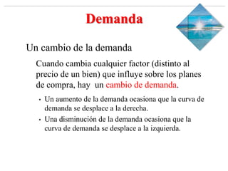 Slide 1-‹#›
Copyright © 2000 Addison Wesley Longman, Inc.
Demanda
Un cambio de la demanda
Cuando cambia cualquier factor (distinto al
precio de un bien) que influye sobre los planes
de compra, hay un cambio de demanda.
• Un aumento de la demanda ocasiona que la curva de
demanda se desplace a la derecha.
• Una disminución de la demanda ocasiona que la
curva de demanda se desplace a la izquierda.
 