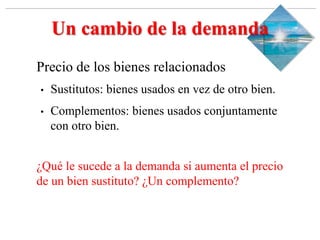 Slide 1-‹#›
Copyright © 2000 Addison Wesley Longman, Inc.
Un cambio de la demanda
Precio de los bienes relacionados
• Sustitutos: bienes usados en vez de otro bien.
• Complementos: bienes usados conjuntamente
con otro bien.
¿Qué le sucede a la demanda si aumenta el precio
de un bien sustituto? ¿Un complemento?
 