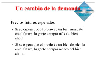 Slide 1-‹#›
Copyright © 2000 Addison Wesley Longman, Inc.
Un cambio de la demanda
Precios futuros esperados
• Si se espera que el precio de un bien aumente
en el futuro, la gente compra más del bien
ahora.
• Si se espera que el precio de un bien descienda
en el futuro, la gente compra menos del bien
ahora.
 