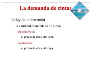 Slide 1-‹#›
Copyright © 2000 Addison Wesley Longman, Inc.
La demanda de cintas
La ley de la demanda
La cantidad demandada de cintas
Disminuye si:
el precio de una cinta sube.
Aumenta si:
el precio de una cinta baja.
 