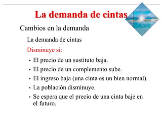 Slide 1-‹#›
Copyright © 2000 Addison Wesley Longman, Inc.
La demanda de cintas
Cambios en la demanda
La demanda de cintas
Disminuye si:
• El precio de un sustituto baja.
• El precio de un complemento sube.
• El ingreso baja (una cinta es un bien normal).
• La población disminuye.
• Se espera que el precio de una cinta baje en
el futuro.
 