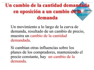 Slide 1-‹#›
Copyright © 2000 Addison Wesley Longman, Inc.
Un cambio de la cantidad demandada
en oposición a un cambio de la
demanda
Un movimiento a lo largo de la curva de
demanda, resultado de un cambio de precio,
muestra un cambio de la cantidad
demandada.
Si cambian otras influencias sobre los
planes de los compradores, manteniendo el
precio constante, hay un cambio de la
demanda.
 