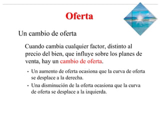 Slide 1-‹#›
Copyright © 2000 Addison Wesley Longman, Inc.
Oferta
Un cambio de oferta
Cuando cambia cualquier factor, distinto al
precio del bien, que influye sobre los planes de
venta, hay un cambio de oferta.
• Un aumento de oferta ocasiona que la curva de oferta
se desplace a la derecha.
• Una disminución de la oferta ocasiona que la curva
de oferta se desplace a la izquierda.
 