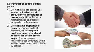 La crematística consta de dos
partes:
1. Crematística necesaria: Las
ventas de los bienes, el
productor y el comprador al
precio justo. No se forma un
valor agregado al producto.
(aceptada por Aristóteles)
2. Crematística propiamente
como tal: Corresponde al
comercio, se le compra al
productor para revender al
consumidor por un precio
mayor. (rechazada por
Aristóteles pues considera que al
realizar comercio el dinero pierde
su sentido)
 