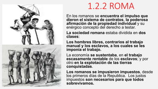 1.2.2 ROMA
En los romanos se encuentra el impulso que
dieron el sistema de contratos, la poderosa
afirmación de la propiedad individual y su
enérgico concepto del derecho a testar.
La sociedad romana estaba dividida en dos
clases:
Los hombres libres, contrarios al trabajo
manual y los esclavos, a los cuales se les
imponía el trabajo.
La economía se sustentaba, en el trabajo
escasamente rentable de los esclavos; y por
otro en la explotación de las tierras
conquistadas.
Los romanos se impusieron impuestos, desde
los primeros días de la Republica. Los justos
impuestos son necesarios para que todos
sobrevivamos.
 
