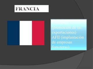 Ubifrance
(promoción de las
exportaciones)
AFII (implantación
de empresas
forasteras)
 