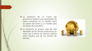  La presencia de un nuevo eje
económico asiático cuyo desempeño se
había convertido en un desafío hacia
los países del centro y un modelo para
los países de la periferia.
 La existencia de grupos cada día más
desalados de las fuerzas productivas así
como por la forma de relación política
entre estados que de los mismos de
derivan.
 