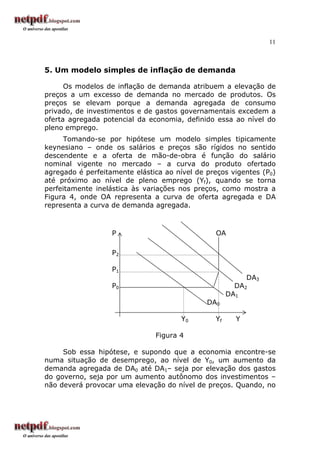 11
5. Um modelo simples de inflação de demanda
Os modelos de inflação de demanda atribuem a elevação de
preços a um excesso de demanda no mercado de produtos. Os
preços se elevam porque a demanda agregada de consumo
privado, de investimentos e de gastos governamentais excedem a
oferta agregada potencial da economia, definido essa ao nível do
pleno emprego.
Tomando-se por hipótese um modelo simples tipicamente
keynesiano – onde os salários e preços são rígidos no sentido
descendente e a oferta de mão-de-obra é função do salário
nominal vigente no mercado – a curva do produto ofertado
agregado é perfeitamente elástica ao nível de preços vigentes (P0)
até próximo ao nível de pleno emprego (Yf), quando se torna
perfeitamente inelástica às variações nos preços, como mostra a
Figura 4, onde OA representa a curva de oferta agregada e DA
representa a curva de demanda agregada.
P OA
P2
P1
DA3
P0 DA2
DA1
DA0
Y0 Yf Y
Figura 4
Sob essa hipótese, e supondo que a economia encontre-se
numa situação de desemprego, ao nível de Y0, um aumento da
demanda agregada de DA0 até DA1– seja por elevação dos gastos
do governo, seja por um aumento autônomo dos investimentos –
não deverá provocar uma elevação do nível de preços. Quando, no
 