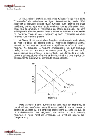16
A visualização gráfica dessas duas funções exige uma certa
“concessão” do estudioso. A rigor, tecnicamente, seria difícil
justificar a inclusão dessas duas funções num gráfico de duas
variáveis, de vez que elas estão medindo coisas diferentes. Mas,
para fins de análise, a verificação do efeito combinado de uma
alteração no nível de preços sobre a curva de demanda e de oferta
de trabalho torna-se mais evidente quando colocadas as duas
funções num mesmo gráfico.
A Figura 5 retrata as duas funções, de demanda e de oferta
de mão-de-obra, de acordo com as hipóteses descritas acima,
estando o mercado de trabalho em equilíbrio ao nível do salário
nominal W0, havendo L0 homens empregados. Se, por qualquer
razão, houver um aumento de preços para P1, as firmas verão
suas receitas aumentarem e aumentarão sua demanda por mão-
de-obra para qualquer nível de salário nominal – o que implica um
deslocamento da curva de demanda para a direita.
W
SL
W2
W1
W0
DL(P2)
DL(P1)
DL(P0)
L0 L1 L2 L
Figura 5
Para atender a este aumento na demanda por trabalho, os
trabalhadores, conforme nossa hipótese, exigirão um aumento de
salário de W0 para W1 e o emprego cresce para L1. Note-se que, se
os trabalhadores não exigissem aumentos de seus salários
nominais o novo nível de emprego, ao nível do salário W0,
chegaria a L2.
 