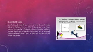 • Elasticidad Cruzada:
• La elasticidad Cruzada del precio y de la demanda mide
cómo evoluciona y se modifica la demanda de un bien
cuando cambia el precio de otro. La elasticidad cruzada se
calcula dividiendo el cambio porcentual de la cantidad
demandada del bien X por la variación porcentual del
precio del bien Y.
 