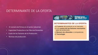 DETERMINANTE DE LA OFERTA
• El número de firmas en el sector industrial.
• Capacidad Productiva e las Fábricas Existentes.
• Costo de los Factores de la Producción.
• Técnicas de producción.
 