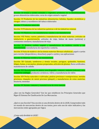 Sección: III Grasas y aceites animales o vegetales; productos de su desdoblamiento;
grasas alimenticias elaboradas; ceras de origen animal o vegetal
Sección: IV Productos de las industrias alimentarías; bebidas, líquidos alcohólicos y
vinagre; tabaco y sucedáneos del tabaco elaborados
Sección: V Productos minerales
Sección: VI Productos de las industrias químicas o de las industrias conexas
Sección: VII Plásticos y sus manufacturas; caucho y sus manufacturas
Sección: VIII Pieles, cueros, peletería y manufacturas de estas materias; artículos de
talabartería o guarnicionería; artículos de viaje, bolsos de mano (carteras) y
continentes similares; manufacturas de tripa
Sección: IX Madera, carbón vegetal y manufacturas de madera; corcho y sus
manufacturas; manufacturas de espartería o cestería.
Sección: X Pasta de madera o de las demás materias fibrosas celulósicas; papel o cartón
para reciclar (desperdicios y desechos); papel o cartón y sus aplicaciones
Sección: XI Materias textiles y sus manufacturas
Sección: XII Calzado, sombreros y demás tocados, paraguas, quitasoles, bastones,
látigos, fustas, y sus partes; plumas preparadas, artículos de plumas; flores artificiales;
manufacturas de cabello
Sección: XIII Manufacturas de piedra, yeso fraguable, cemento, amianto (asbesto), mica
o materias análogas; productos cerámicos; vidrio y manufacturas de vidrio
Sección: XIV Perlas naturales o cultivadas, piedras preciosas o semipreciosas, metales
preciosos, chapados de metal precioso (plaqué) y manufacturas de estas materias;
bisutería; monedas
Sección: XV Metales comunes y manufacturas de estos metales
¿Que son las Reglas Generales? Son las que establecen los Principios Generales que
Rigen El Sistema De Clasificación De Las Mercancías.
¿Qué es una Sección? Una sección es una división dentro de la LIGIE, Comprenden todo
un mundo de mercancías dentro de sus textos, pero solo son de valor indicativo y las
mercancías están agrupadas por lógica
¿Como está dividida la LIGIE?
 