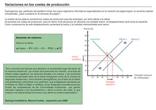 FACTORES RETRIBUCIÓN
Tierra Renta
Trabajo Salario
Capital Interés
Empresario Beneficio
Supongamos que, partiendo del equilibrio inicial, los pocos ingenieros informáticos especializados en la creación de juegos logran un aumento salarial
considerable. ¿Qué sucederá en el mercado de juegos?
La subida de los salarios aumenta los costes de producción para las empresas, por tanto afecta a la oferta.
Al aumentar los costes de producción, para el mismo nivel de precios se ofrecerá una cantidad menor: el desplazamiento será hacia la izquierda.
Como consecuencia de este desplazamiento aumentará el precio y la cantidad intercambiada será menor.
Variaciones en los costes de producción
“Son conocidos los factores que alentaron el insostenible auge del sector de
la vivienda residencial : por el lado de la demanda de vivienda, unos tipos de
interés reales negativos, los estímulos fiscales a la compra, y los aumentos
de demanda derivados tanto de la fuerte inmigración como de la compra de
segundas residencias y otros factores demográficos; por el lado de la oferta,
una planificación urbanística muy restrictiva -que la legislación aprobada por
el Estado en 2002 no llegó a modificar, al ser declarada inconstitucional por
invadir las competencias de las Comunidades Autónomas-, que generó
elevados ingresos a los Ayuntamientos y elevó el precio del suelo, lo que
propició una espiral alcista de precios que alentó la compra especulativa.”
Burbuja inmobiliaria, Manuel Conthe, expansión.com 2008
Aumento de salarios:
Afecta a la oferta
▲ ostes ▼ ▼ ▲
Precio (€)
10 20 30 40 50 60 70 80
10
20
30
40
50
60
70
80
Cantidad mensual
de videojuegos
Demanda Oferta 1
E1
E2
.
.Precio
equilibrio
Cantidad
equilibrio
Oferta 2
 