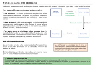 Có m o s e org a ni za n l a s s oc i ed a d es
L a escasez, la f alta de suf icientes recursos para satisf acer todos los deseo es el problema f undamental y que oblig a a tomar dif íciles decisiones.
Los tres problemas económicos fundamentales:
-Qué producir. Qué clases y cantidades se producirá n de los
distintos bienes y servicios. L os deseos son superiores a los recur-
sos, por lo que tenemos que decidir qué producimos y a qué renun-
ciamos.
- Cómo producir. Cómo será n empleados los recursos económi-
cos en producir los bienes y servicios. Se trata de buscar la f orma
óptima de producir, teniendo en cuenta no sólo la ef iciencia, también
f actores sociales y medioambientales.
- Para quién serán producidos o cómo se repartirán. N o
es nada f á cil encontrar la manera de distribuir la producción entre
los miembros de la sociedad, teniendo en cuenta lo que aporta cada
uno y la necesaria solidaridad con los menos af ortunados.
Los sistemas económicos
L as sociedades af rontan estos problemas de tres f ormas distintas:
seg ún la costumbre dominante, con la autoridad o por medio del
sistema de precios.
En la realidad se dan f órmulas intermedias, con mayor o menor
peso de cada uno de estos sistemas de org anización.
Los sistemas económicos son la f orma en
cómo se org aniza una sociedad para resolver los tres
problemas económicos f undamentales: qué producir,
cómo producir y para quién producir.
FACTORES RETRIBUCIÓN
Tierra Renta
Trabajo Salario
Capital Interés
Empresario Beneficio
El problema de la distribución
El método eleg ido de reparto incide en los incentivos al esf uerzo, y como consecuencia en la ef iciencia.
El debate sobre cómo g estionar la solidaridad es universal. A f ecta a: las personas dentro de una f amilia, las comunidades autónomas de un
estado, los países de la Unión Europea, las reg iones ricas y pobres del mundo.
Consumidor
Bienes y servicios
Factores
productivos
¿Qué producir?
Producción
Distribución
Consumo
¿Cómo producir?
¿Para quién producir?
Necesidades
 